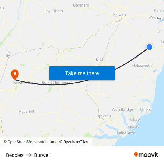 Beccles to Burwell map