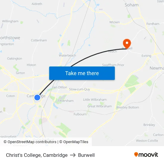 Christ's College, Cambridge to Burwell map