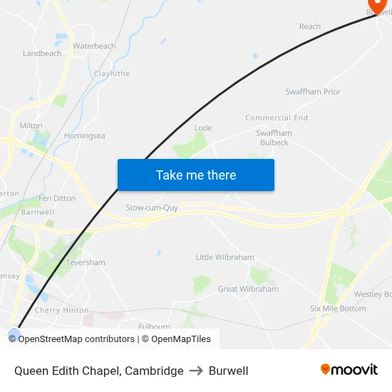 Queen Edith Chapel, Cambridge to Burwell map