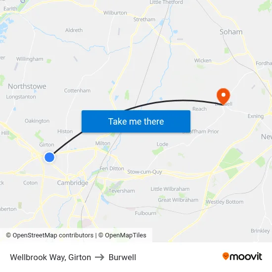 Wellbrook Way, Girton to Burwell map
