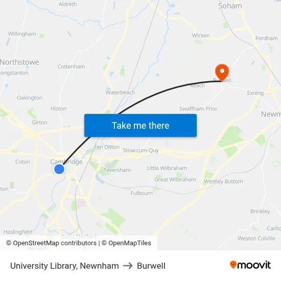 University Library, Newnham to Burwell map