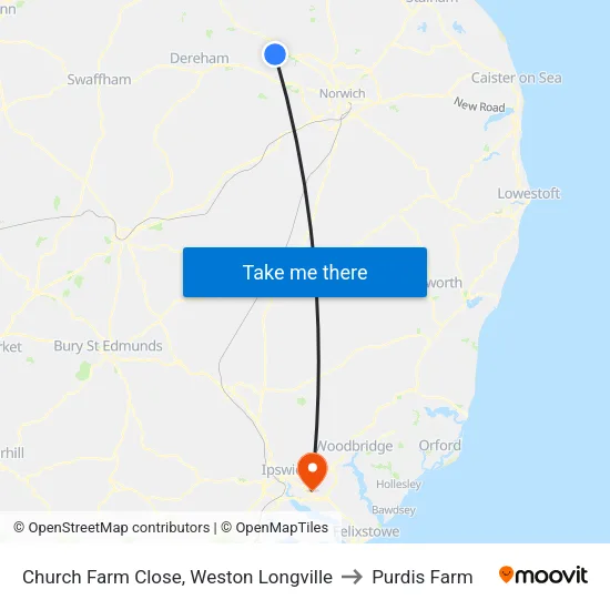 Church Farm Close, Weston Longville to Purdis Farm map