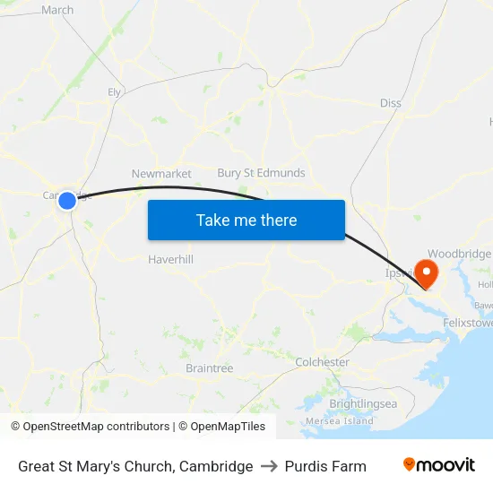 Great St Mary's Church, Cambridge to Purdis Farm map