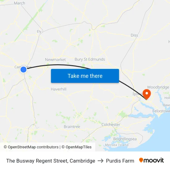The Busway Regent Street, Cambridge to Purdis Farm map