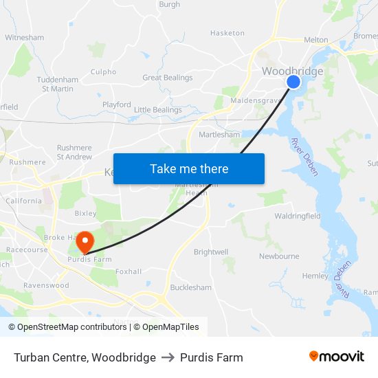 Turban Centre, Woodbridge to Purdis Farm map