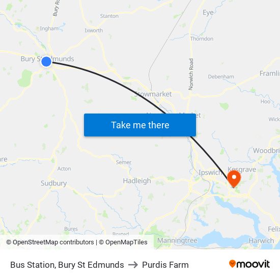 Bus Station, Bury St Edmunds to Purdis Farm map
