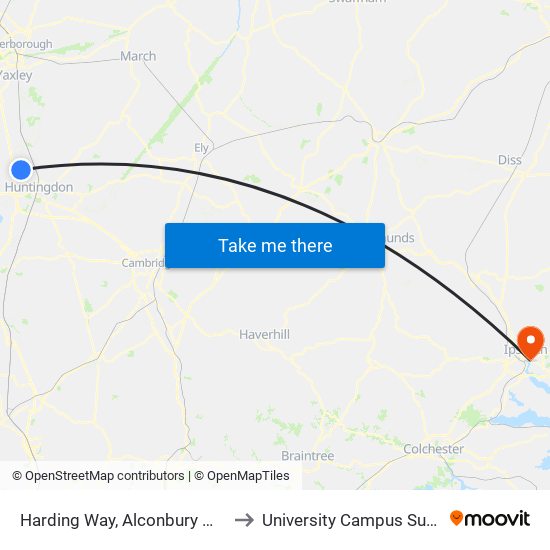 Harding Way, Alconbury Weald to University Campus Suffolk map