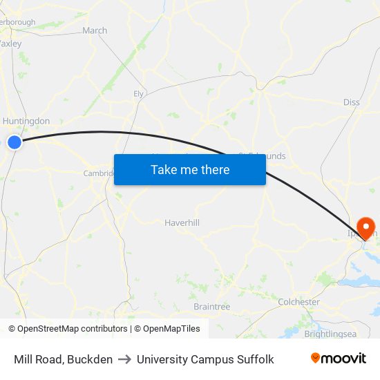 Mill Road, Buckden to University Campus Suffolk map