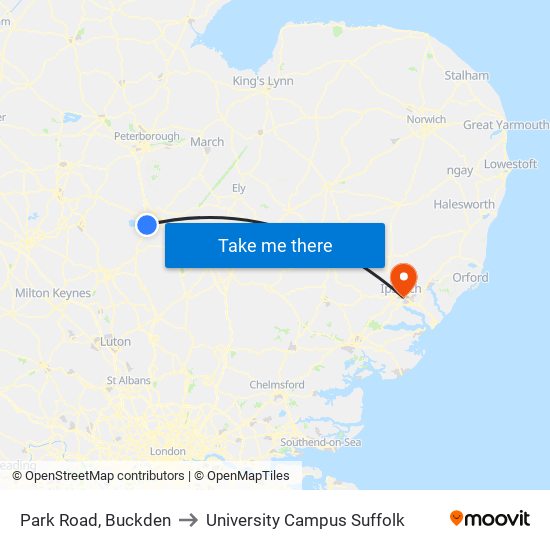 Park Road, Buckden to University Campus Suffolk map