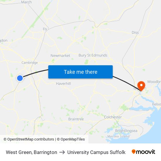 West Green, Barrington to University Campus Suffolk map
