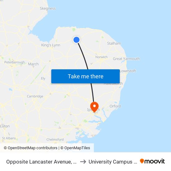 Opposite Lancaster Avenue, Fakenham to University Campus Suffolk map