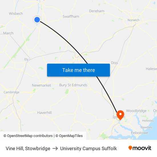 Vine Hill, Stowbridge to University Campus Suffolk map