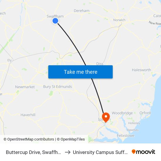 Buttercup Drive, Swaffham to University Campus Suffolk map