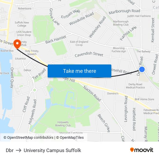 Dbr to University Campus Suffolk map