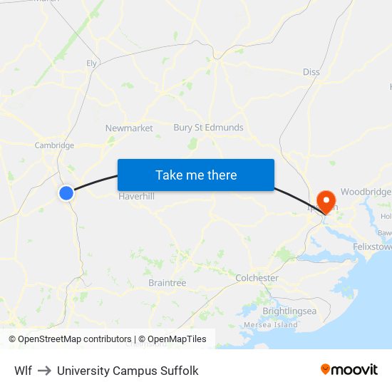Wlf to University Campus Suffolk map