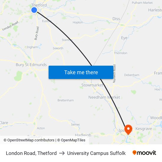 London Road, Thetford to University Campus Suffolk map