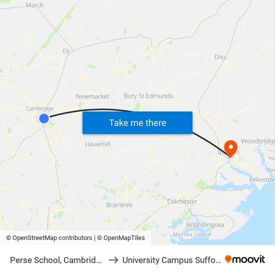 Perse School, Cambridge to University Campus Suffolk map