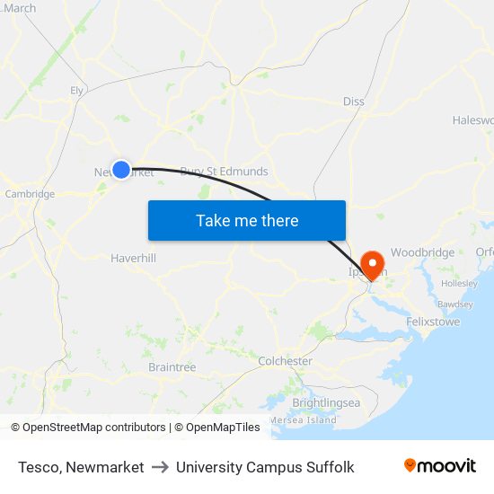 Tesco, Newmarket to University Campus Suffolk map