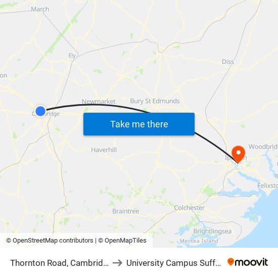 Thornton Road, Cambridge to University Campus Suffolk map