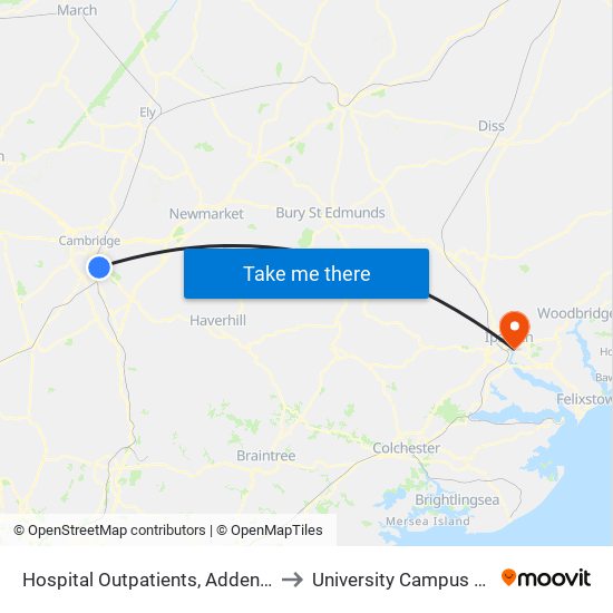 Hospital Outpatients, Addenbrookes to University Campus Suffolk map