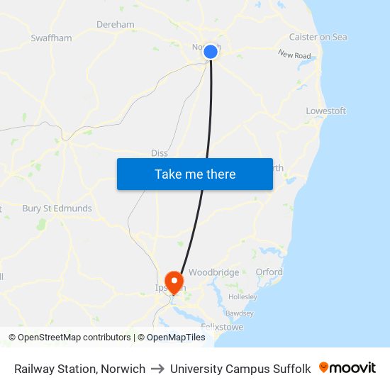 Railway Station, Norwich to University Campus Suffolk map