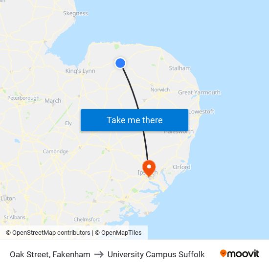 Oak Street, Fakenham to University Campus Suffolk map