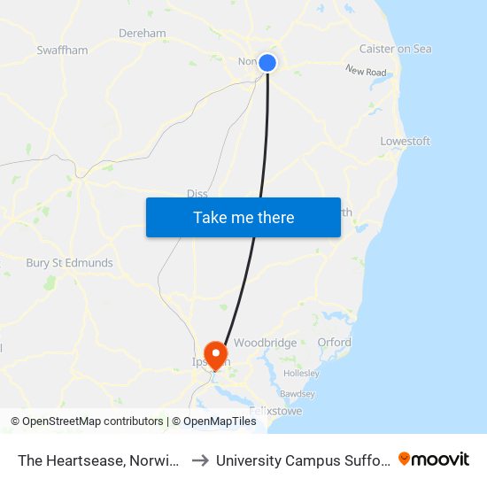 The Heartsease, Norwich to University Campus Suffolk map