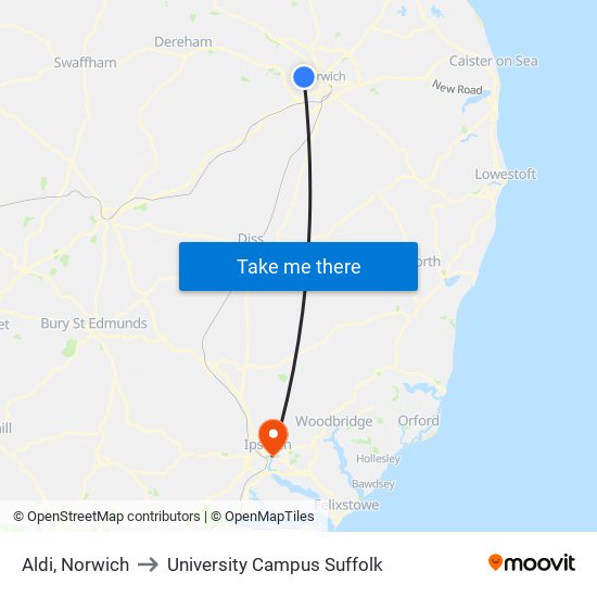 Aldi, Norwich to University Campus Suffolk map