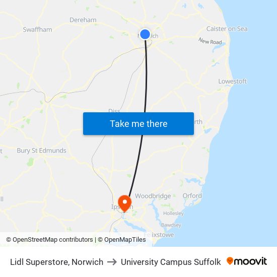 Lidl Superstore, Norwich to University Campus Suffolk map