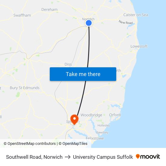 Southwell Road, Norwich to University Campus Suffolk map