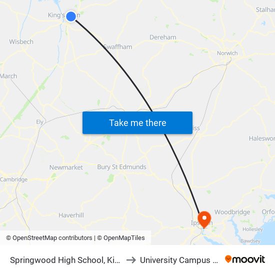 Springwood High School, Kings Lynn to University Campus Suffolk map