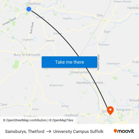 Sainsburys, Thetford to University Campus Suffolk map