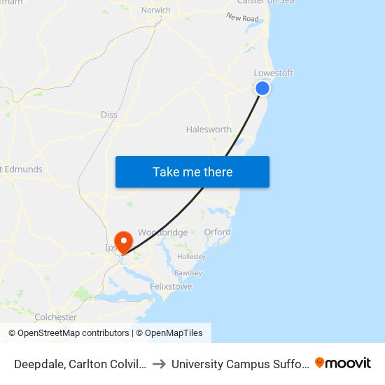 Deepdale, Carlton Colville to University Campus Suffolk map