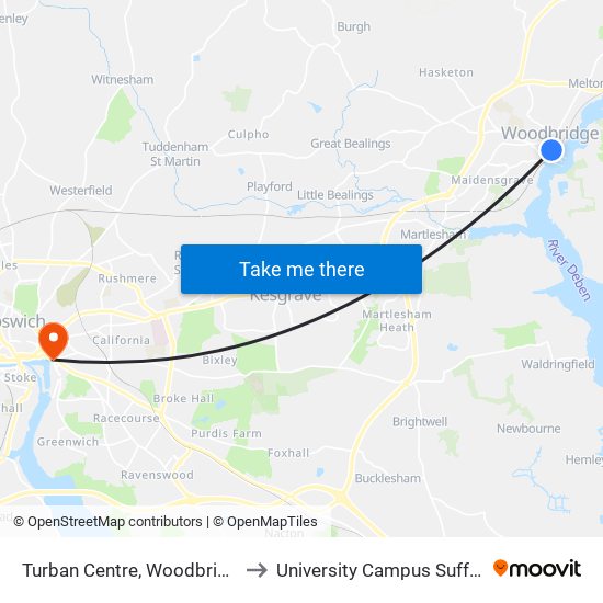 Turban Centre, Woodbridge to University Campus Suffolk map