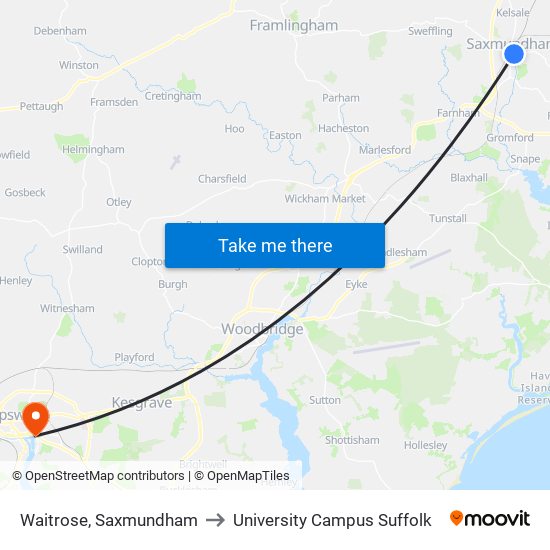 Waitrose, Saxmundham to University Campus Suffolk map