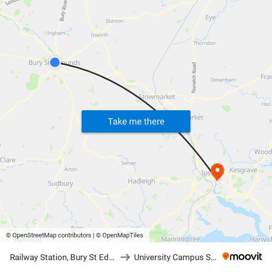 Railway Station, Bury St Edmunds to University Campus Suffolk map