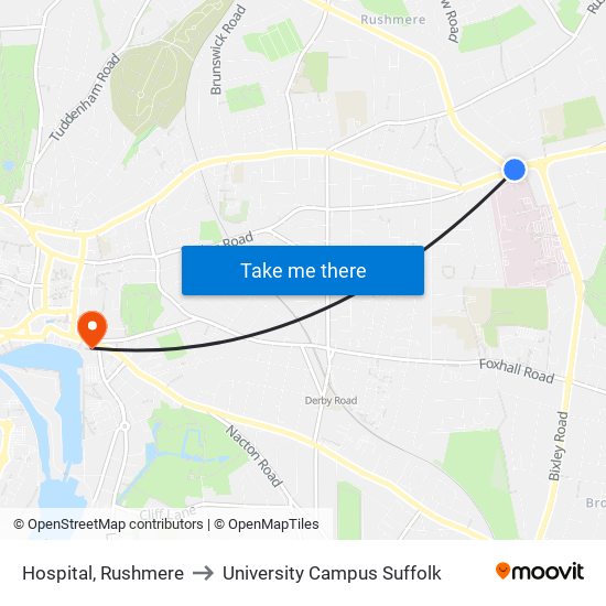 Hospital, Rushmere to University Campus Suffolk map