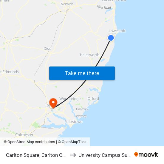 Carlton Square, Carlton Colville to University Campus Suffolk map