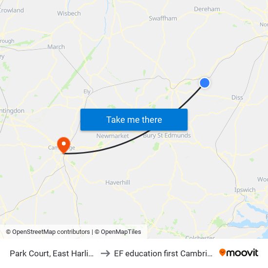 Park Court, East Harling to EF education first Cambride map