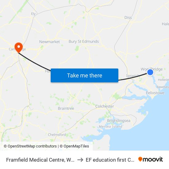 Framfield Medical Centre, Woodbridge to EF education first Cambride map