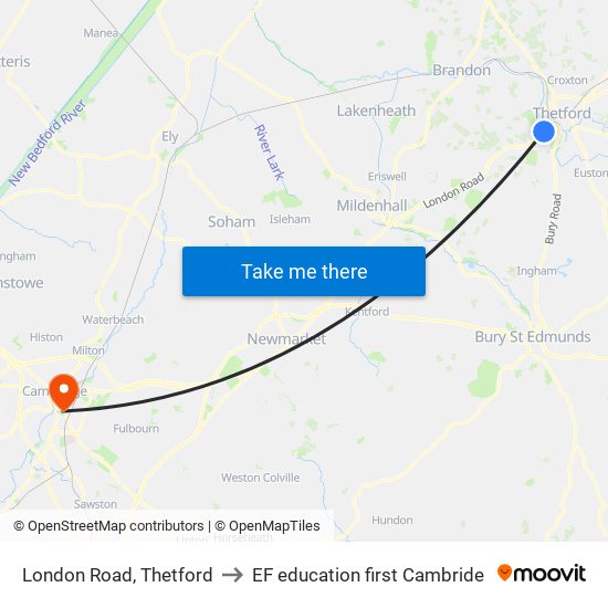 London Road, Thetford to EF education first Cambride map