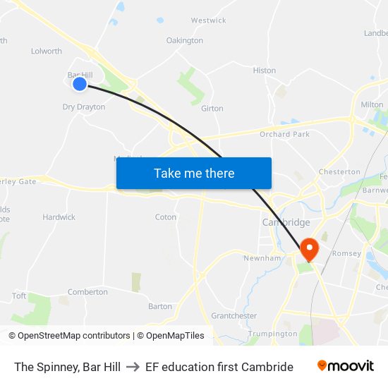 The Spinney, Bar Hill to EF education first Cambride map