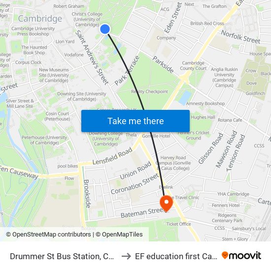 Drummer St Bus Station, Cambridge to EF education first Cambride map