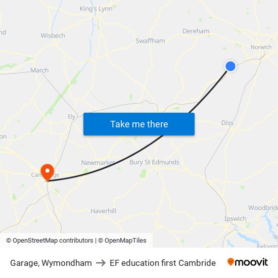 Garage, Wymondham to EF education first Cambride map