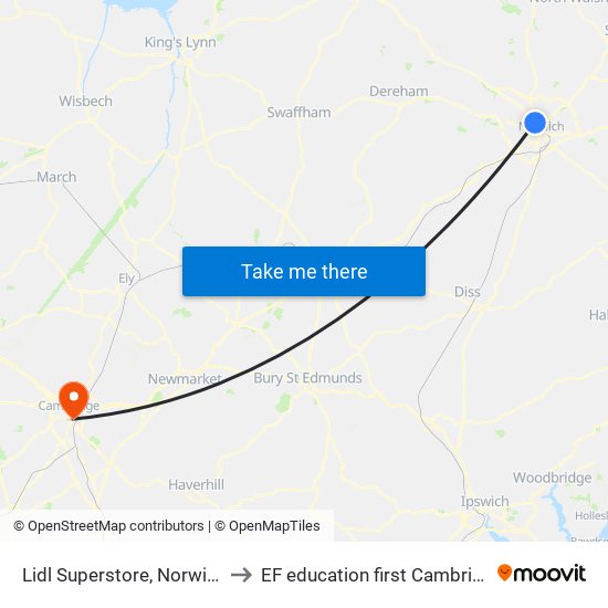 Lidl Superstore, Norwich to EF education first Cambride map