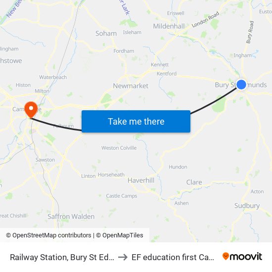 Railway Station, Bury St Edmunds to EF education first Cambride map