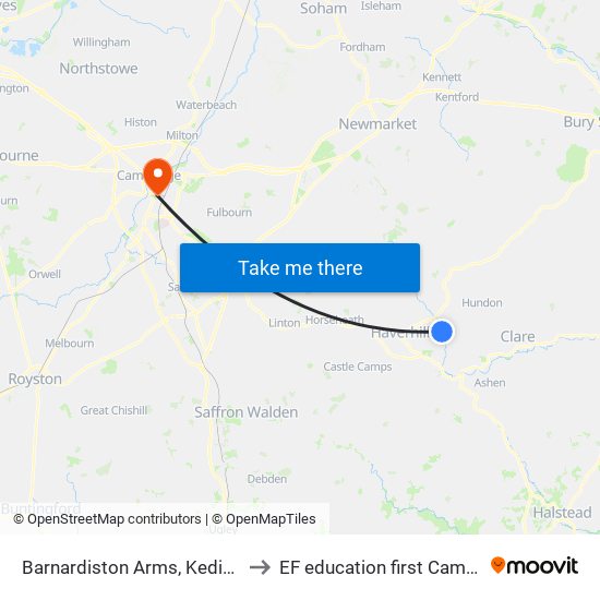 Barnardiston Arms, Kedington to EF education first Cambride map