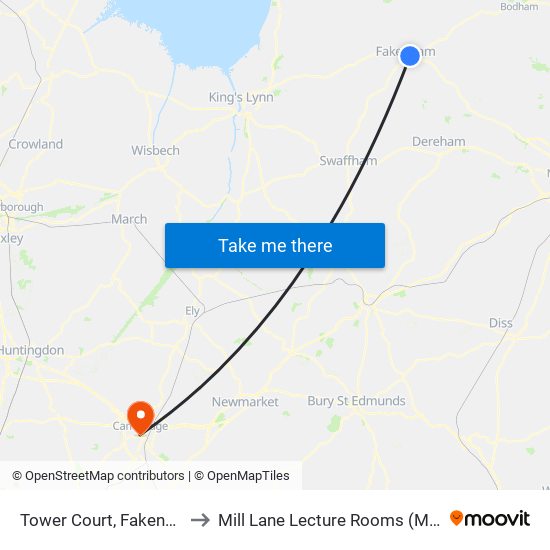 Tower Court, Fakenham to Mill Lane Lecture Rooms (MLLR) map