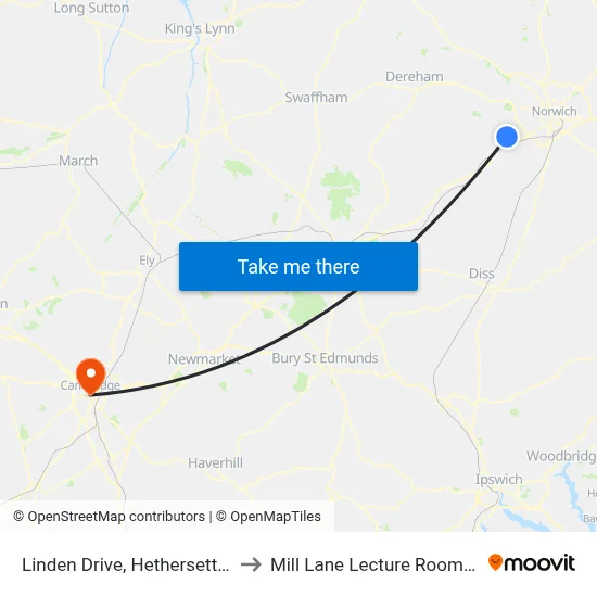 Linden Drive, Hethersett (Village) to Mill Lane Lecture Rooms (MLLR) map