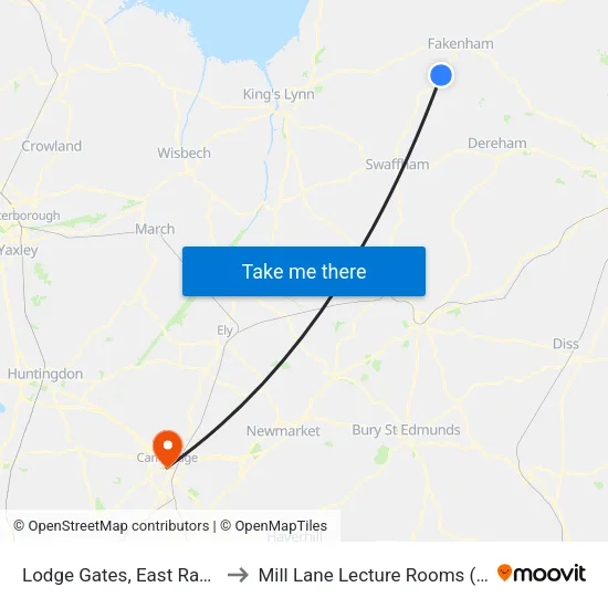 Lodge Gates, East Raynham to Mill Lane Lecture Rooms (MLLR) map